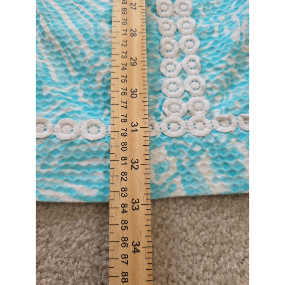 Lilly Pulitzer Turquoise Shell Print Seersucker Shift Dress Crochet Lace Trim 8 - Picture 4 of 12